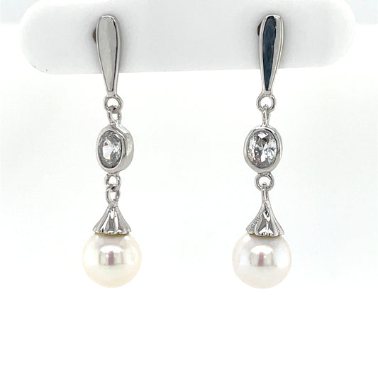 Sterling Silver CZ  Freshwater Pearl Drop Earrings SE704