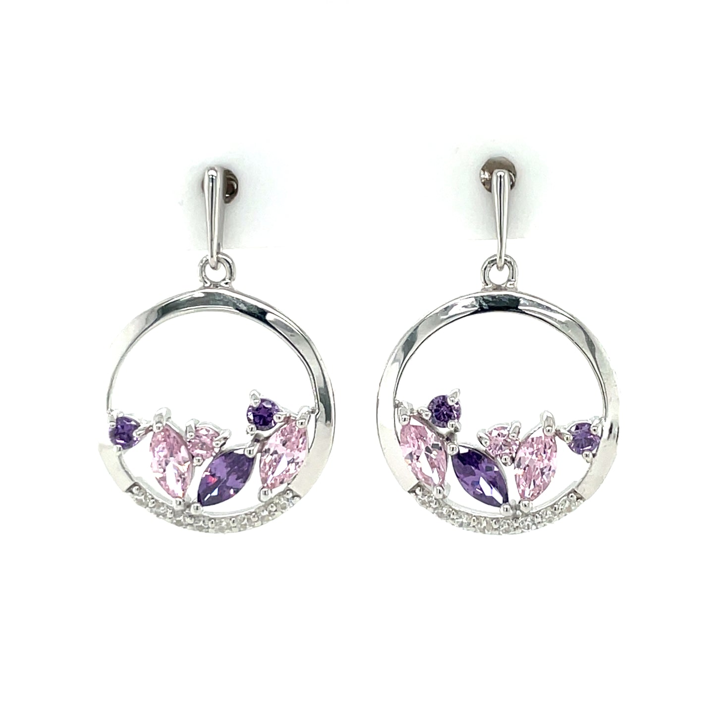 Sterling Silver Pink & Purple CZ Circle Drop Earrings SE728