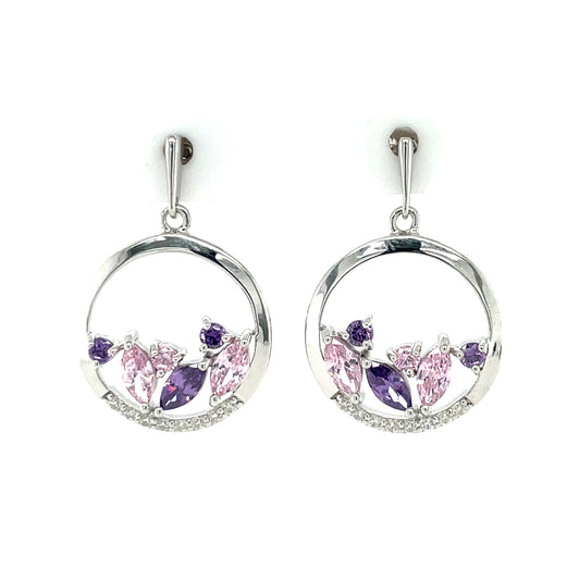 Sterling Silver Pink & Purple CZ Circle Drop Earrings SE728