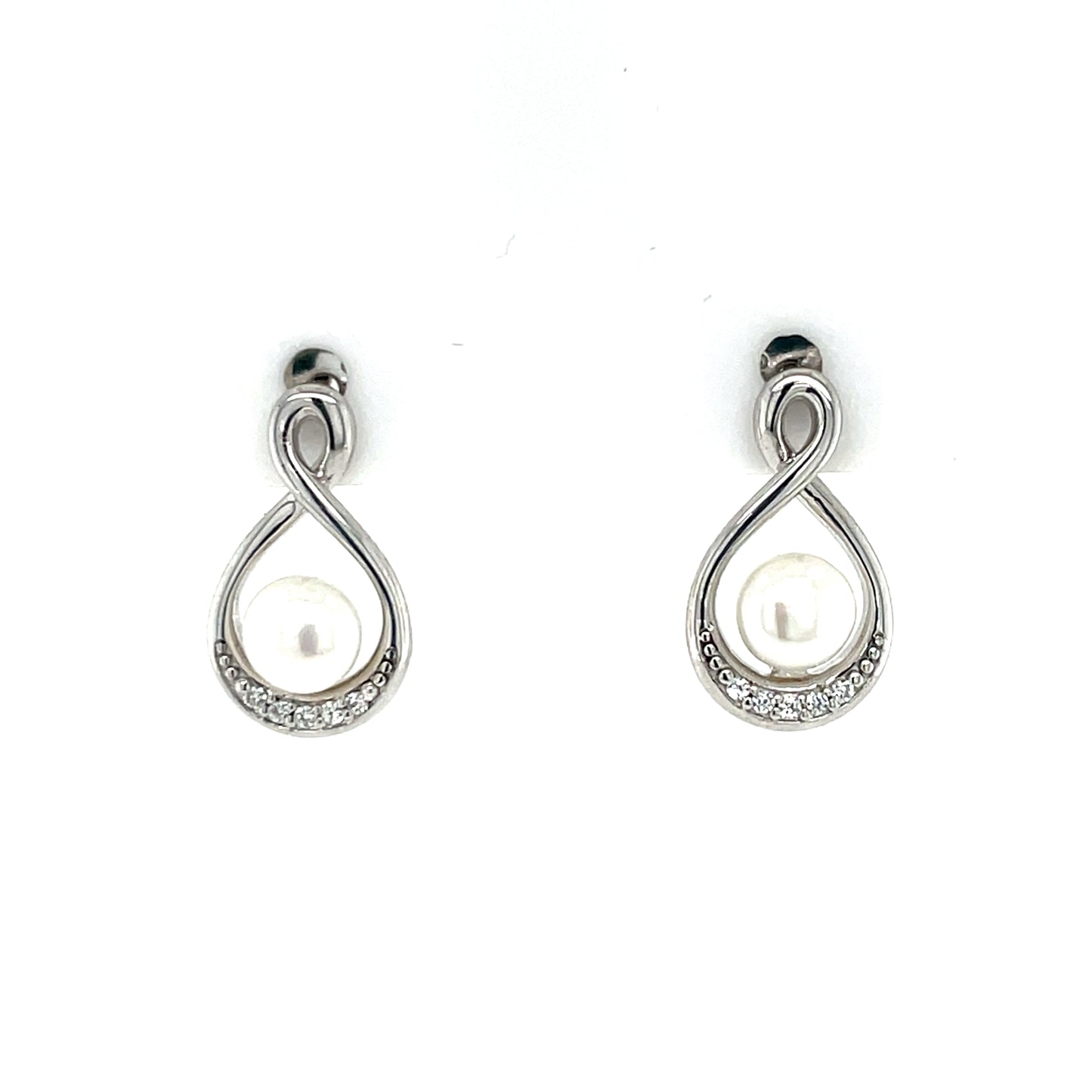 Sterling Silver CZ Freshwater Pearl Twist Stud Earrings SE735