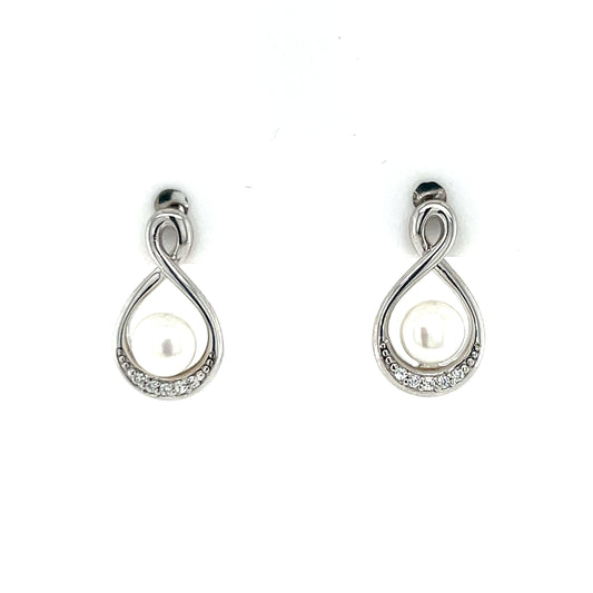 Sterling Silver CZ Freshwater Pearl Twist Stud Earrings SE735