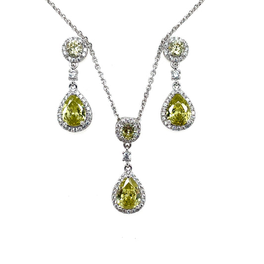 Silver Peridot CZ Teardrop Halo Pendant & Earring Set GL1214SET