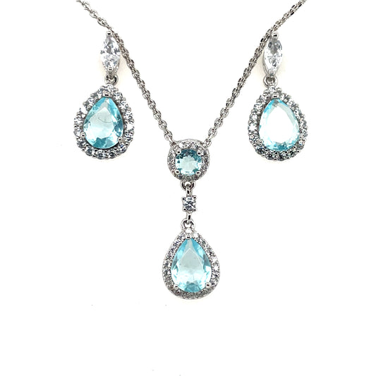 Silver Aqua CZ Teardrop Halo Pendant & Earring Set GL1054SET