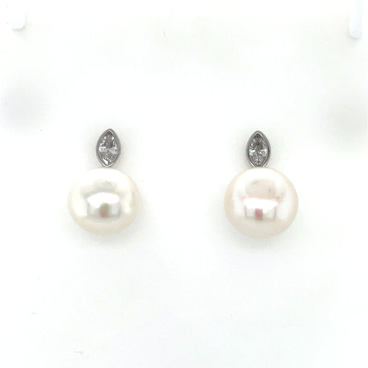 Sterling Silver Freshwater Pearl Marquise CZ Stud Earrings SER182