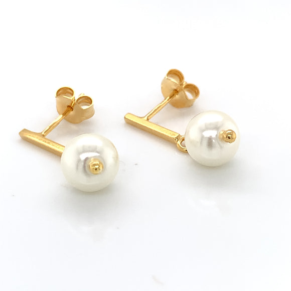Sterling Silver 18ct Gold Bar/Pearl Drop Earrings SER314