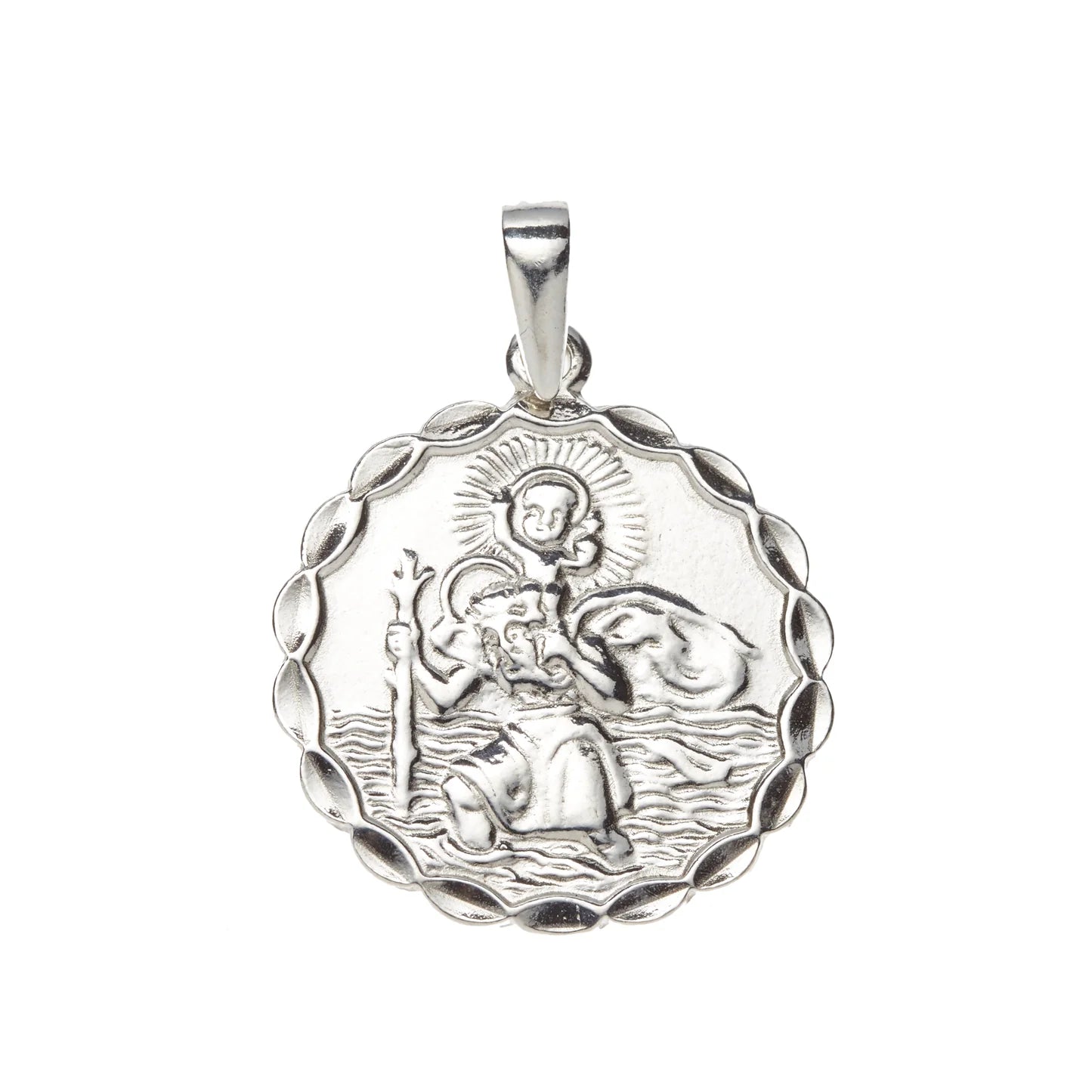 Sterling Silver Wavy 14mm St. Christopher Medal, Travel Symbols SH53017