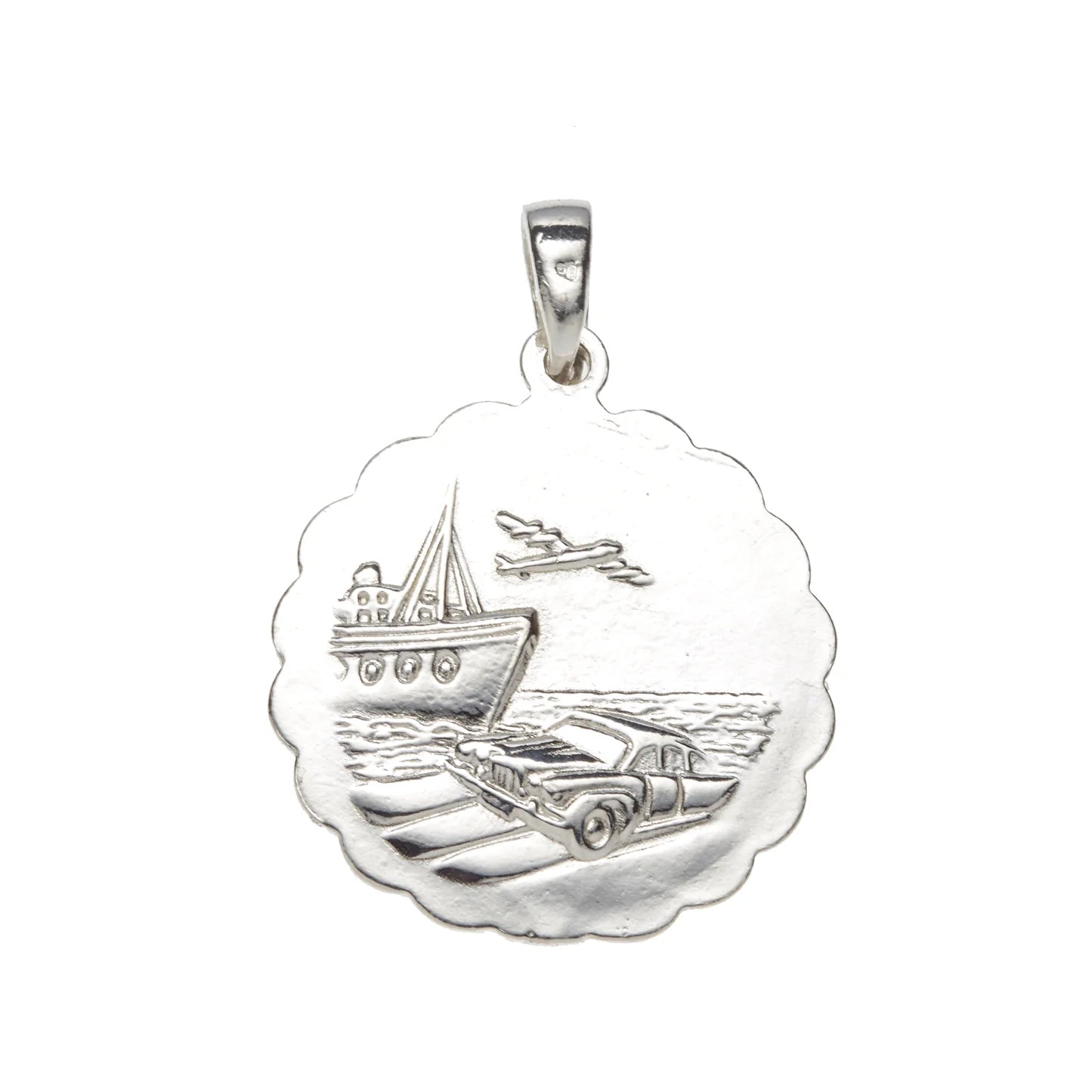 Sterling Silver Wavy 14mm St. Christopher Medal, Travel Symbols SH53017