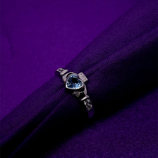 Sterling Silver Birthstone Claddagh Ring March