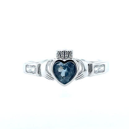Sterling Silver Birthstone Claddagh Ring March