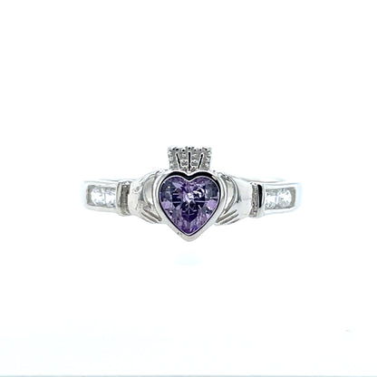 Sterling Silver Birthstone Claddagh Ring February