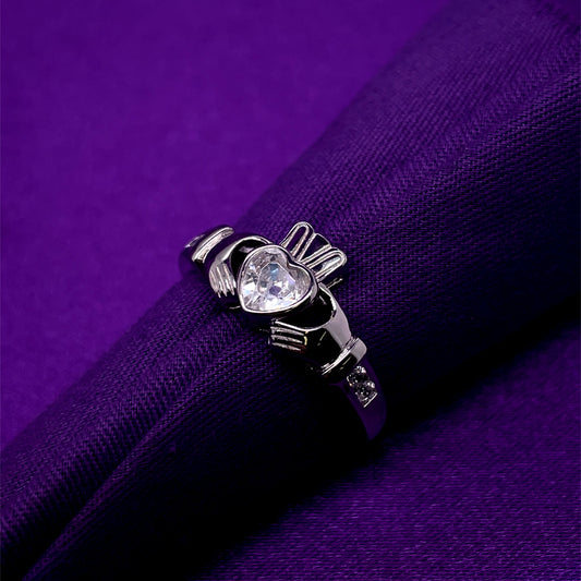 Sterling Silver Birthstone Claddagh Ring April