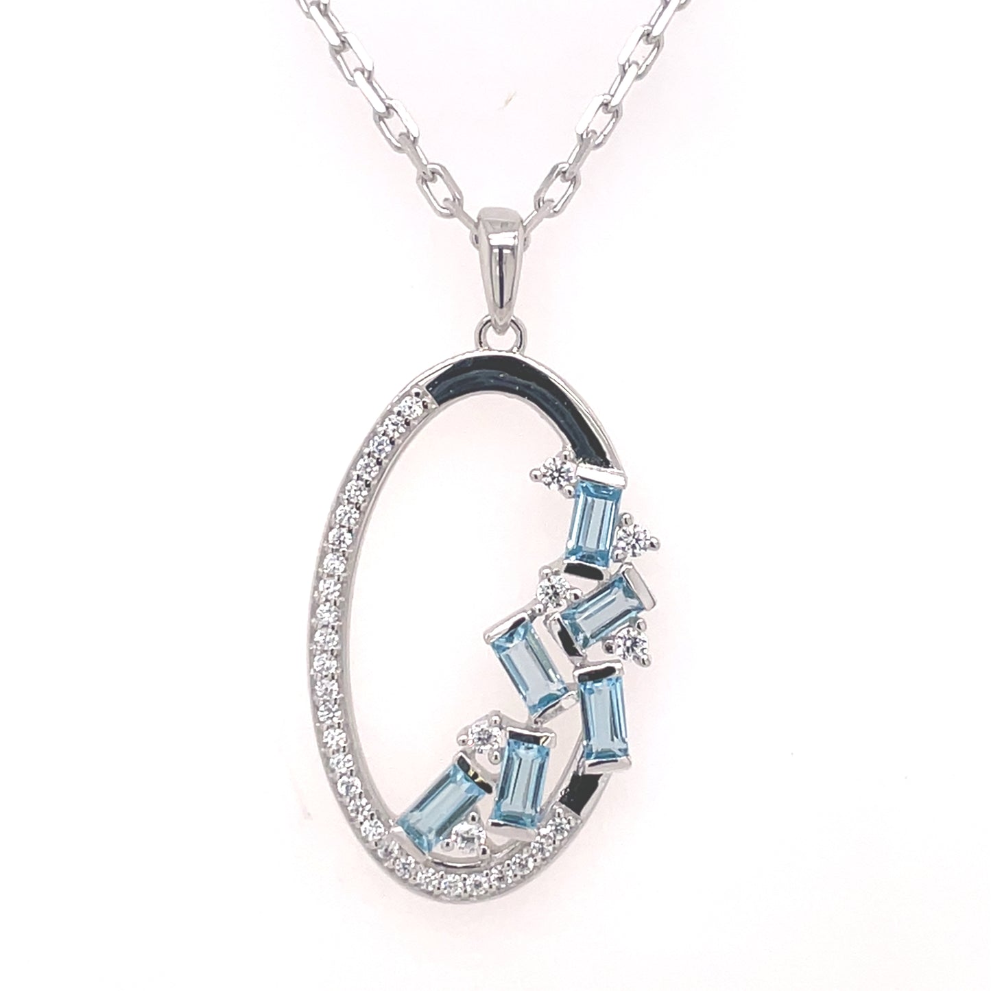 Sterling Silver Real Blue Topaz/CZ Oval Pendant SP5923