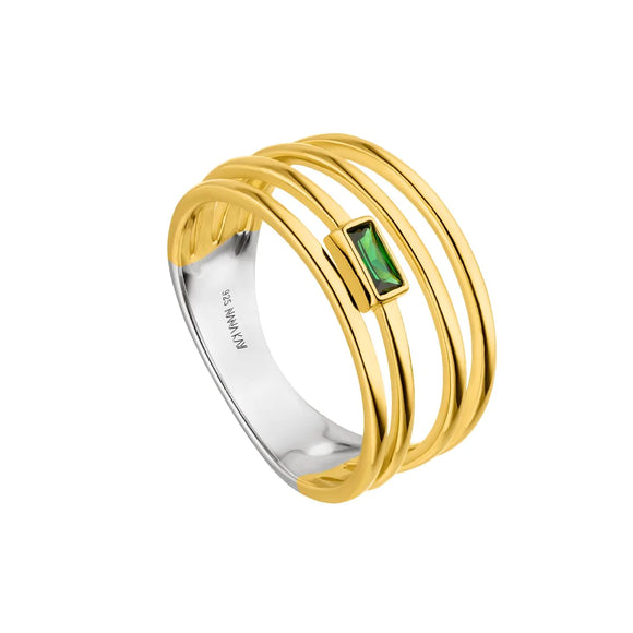 Silver Gold Plated Modern Aztec Ring Green