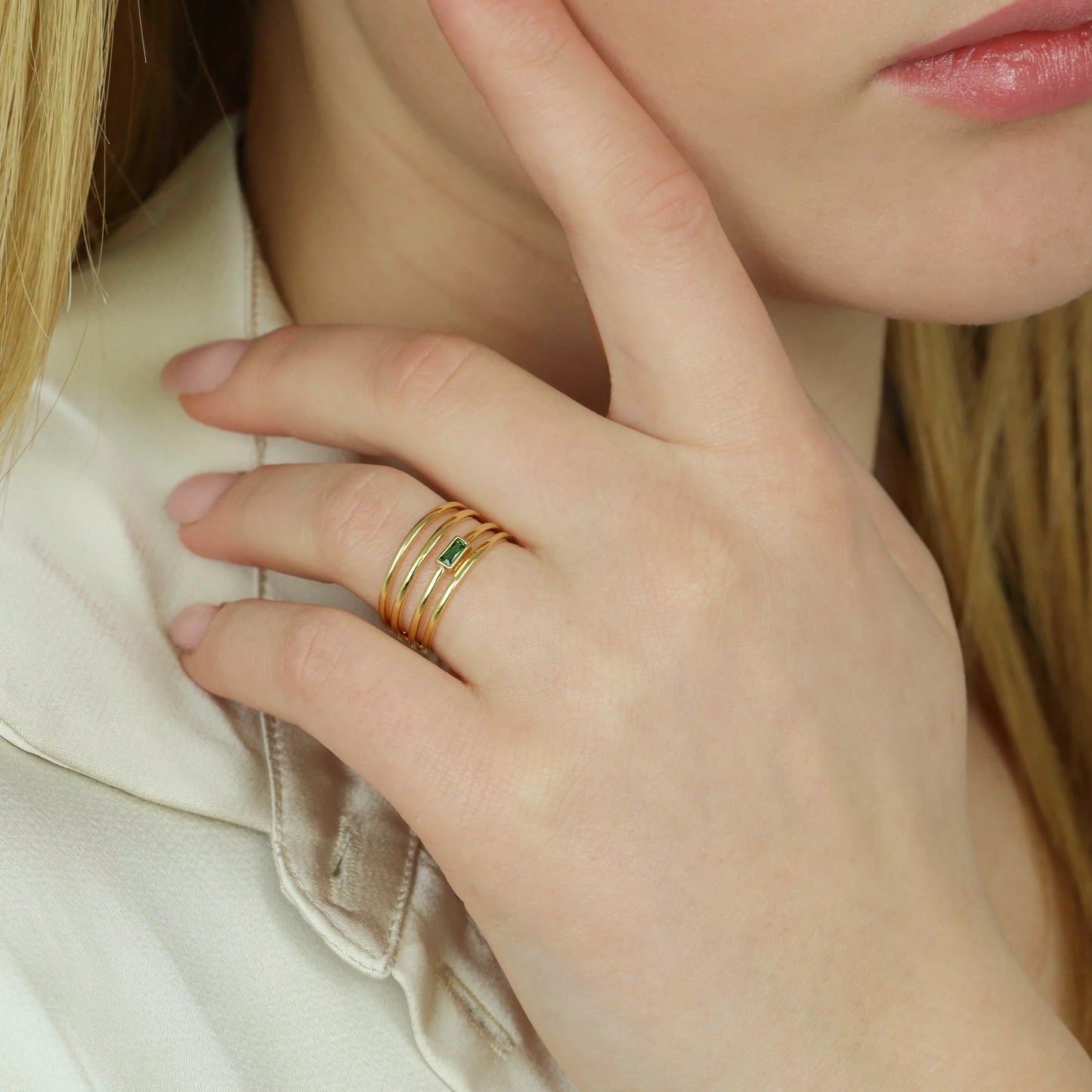 Silver Gold Plated Modern Aztec Ring Green