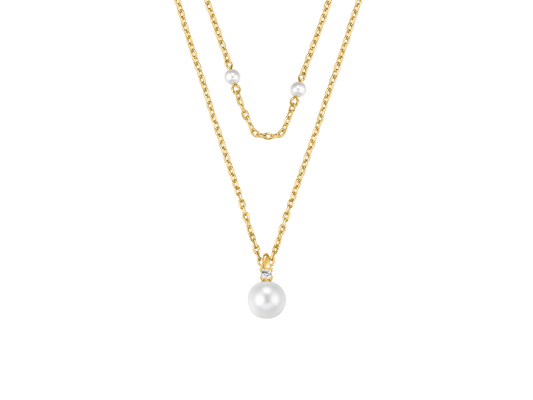 Silver Gold-plated CZ & Pearl Double Strand Necklace ST2654