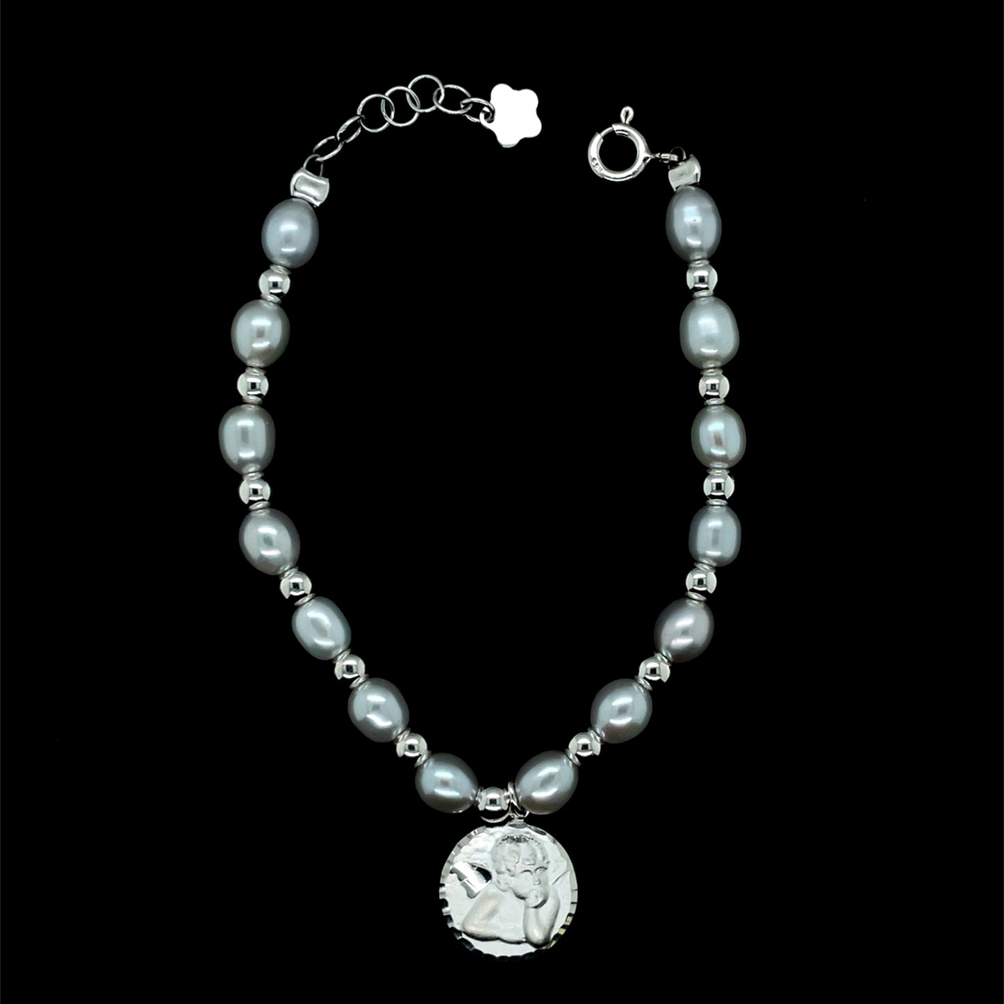 Silver Pearl Bracelet with Angel Disc TZ376