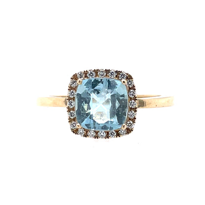 9ct Gold Aquamarine & Diamond Cushion Halo Ring GRX216