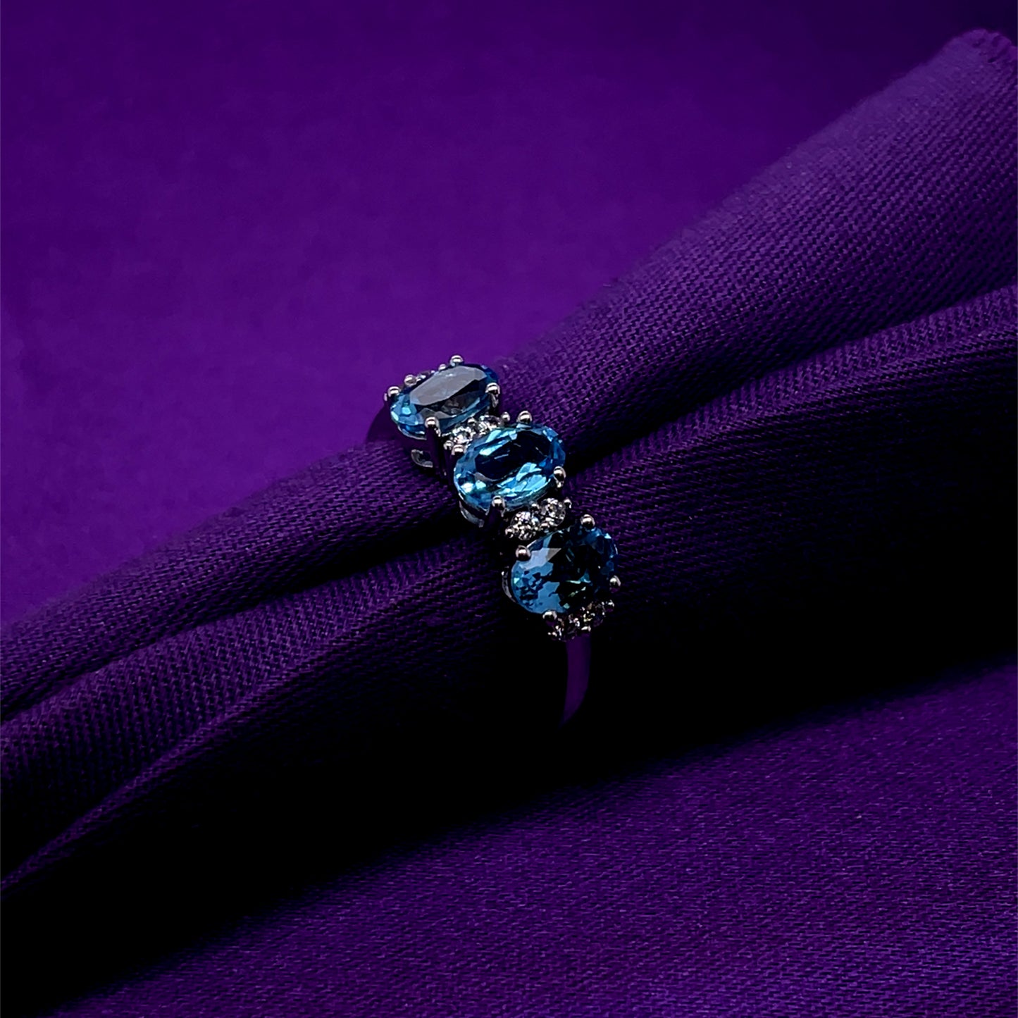 9ct  White Gold Blue Topaz & CZ Trilogy Ring WRZ062