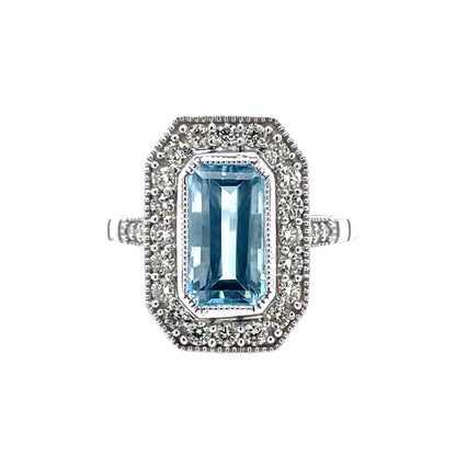 9ct White Gold Vintage Style Blue Topaz & Diamond Ring WRX072