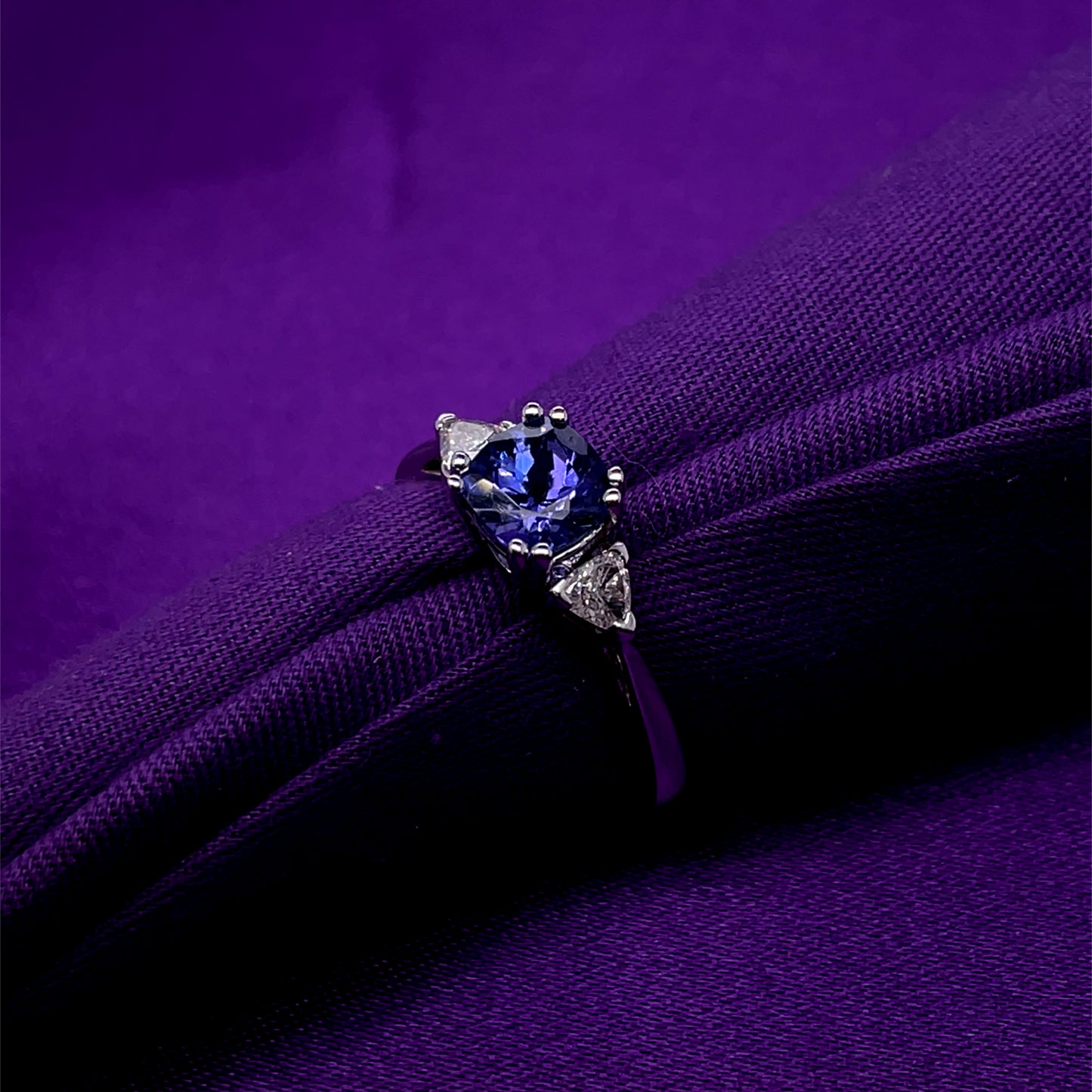 14ct White Gold Tanzanite Cushion & Diamond Trigon Ring WRX073