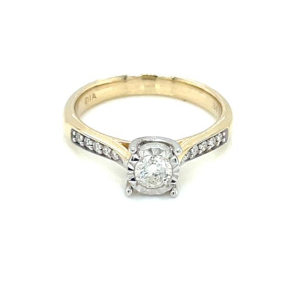 9ct Gold Diamond Solitaire Ring with Pavé Shoulders Z221