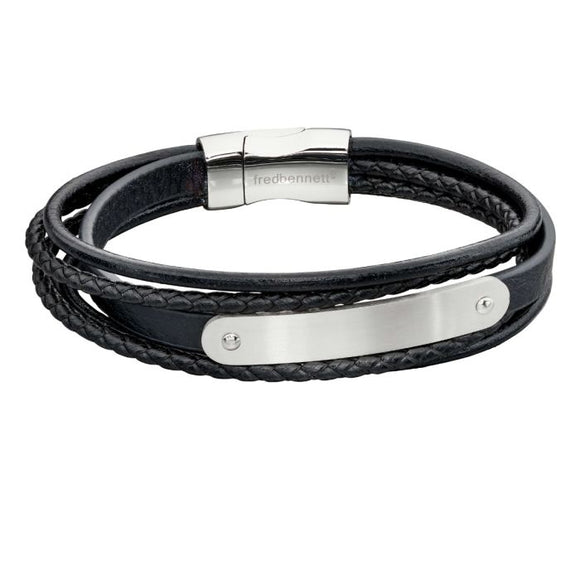 Fred Bennett Multi Strand Woven Black Leather & ID Bar Bracelet B5282