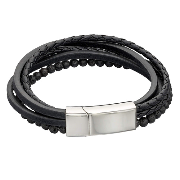 Fred Bennett Multi Row Black Leather Bracelet with Lava Beads B5318