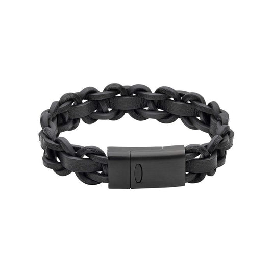 Fred Bennett Black Braided Leather Bracelet with Black Clasp B5508