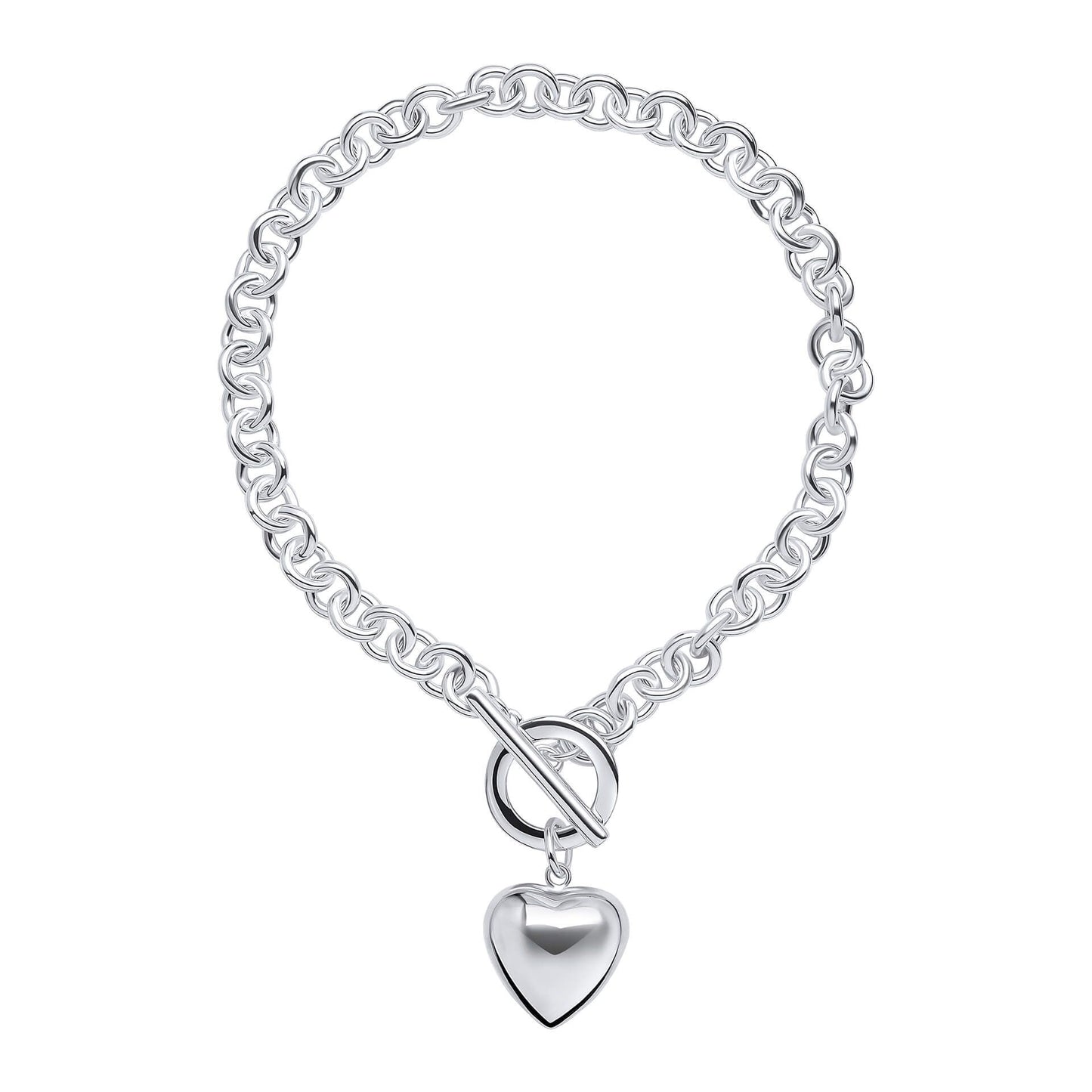 Sterling Silver Puff Heart T-Bar Chain Bracelet B5516