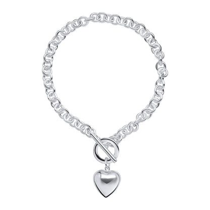 Sterling Silver Puff Heart T-Bar Chain Bracelet B5516