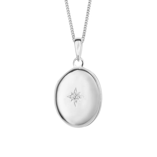 Silver Oval Locket Pendant with Starburst Cubic Zirconia P5230C