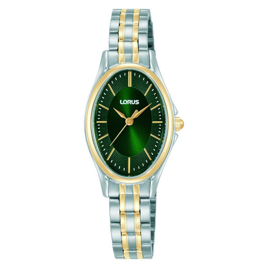 LORUS QUARTZ LADIES TWO TONE GREEN DIAL BRACELET WATCH RRX84JX9