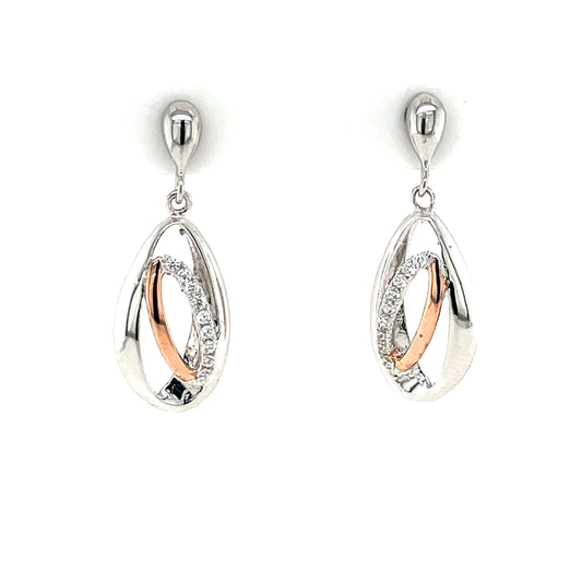 Silver Rose Gold Accent CZ Drop Earrings SE666
