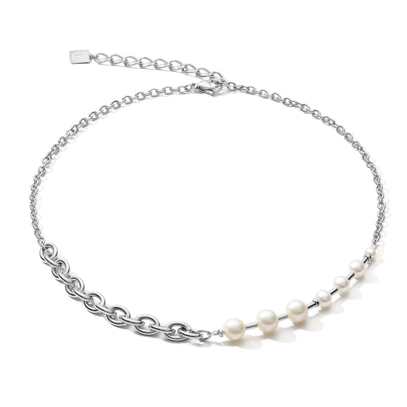 COEUR DE LION Necklace classic & modern Freshwater pearls & stainless steel chain white-silver