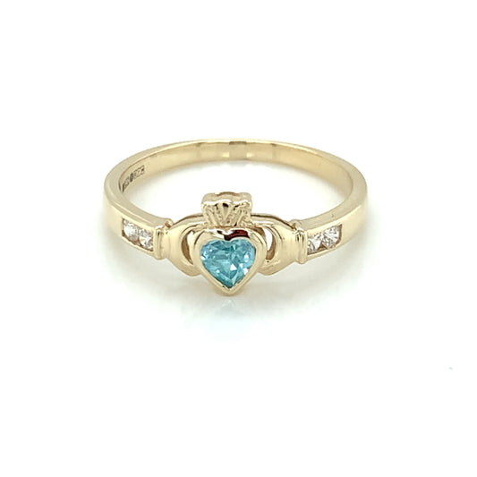 9ct Gold Blue Topaz CZ Channel Set Claddagh Ring