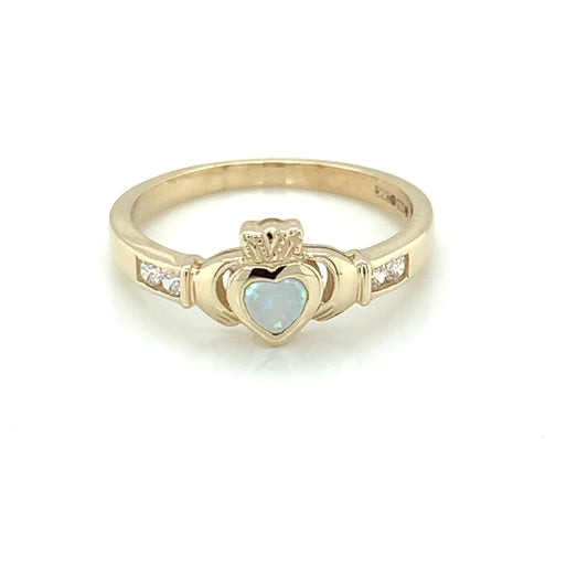 9ct Gold Created Opal CZ Channel Set Claddagh Ring