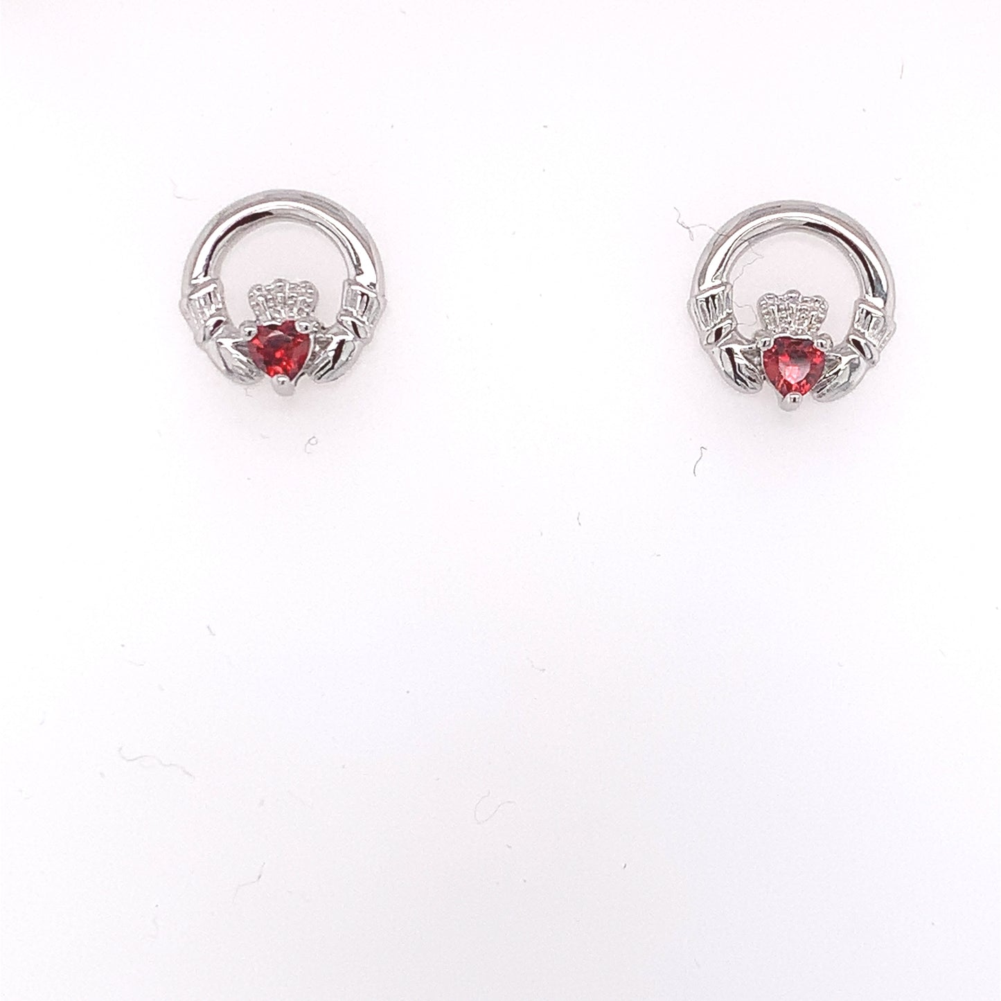 Silver Claddagh Garnet CZ Stud Earrings