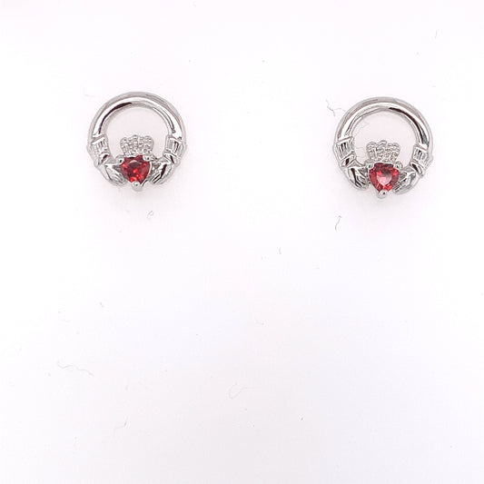 Silver Claddagh Garnet CZ Stud Earrings