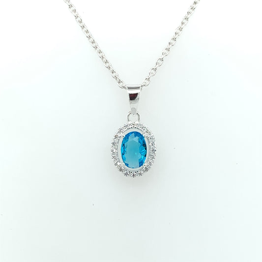 Sterling Silver Blue Topaz & CZ Cluster Pendant 307/BT