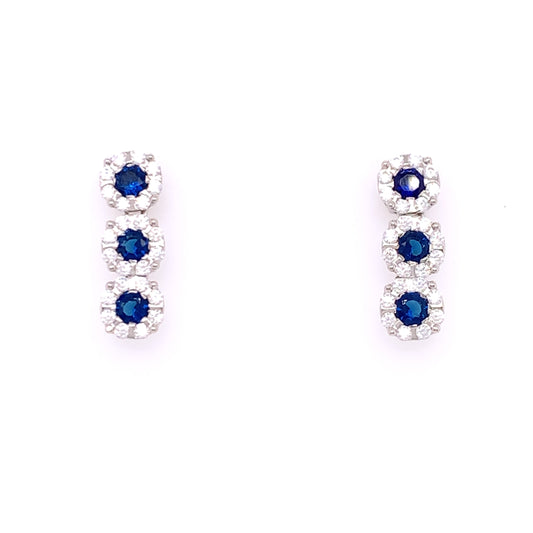 Sterling Silver Sapphire CZ Triple Cluster Stud Earrings