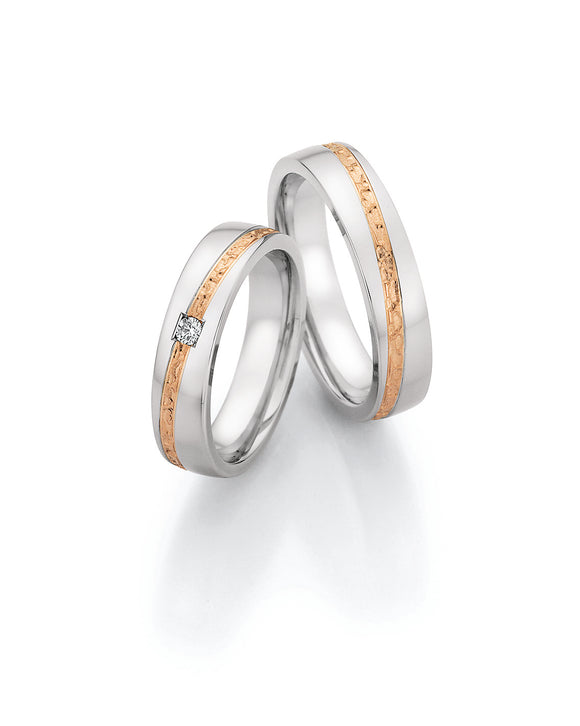 Steel Wedding Ring with Rose Gold Diagonal Textured Stripe
