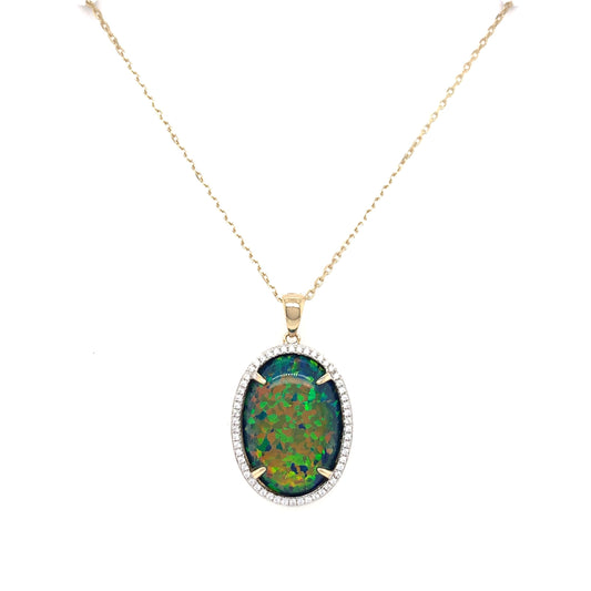 9ct Gold Created Black Opal & CZ Large Oval Halo Pendant