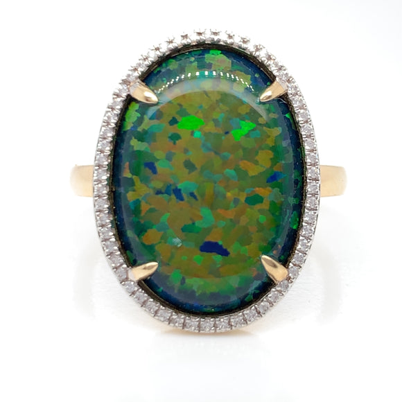 9ct Gold Created Black Opal & CZ Oval Halo Ring