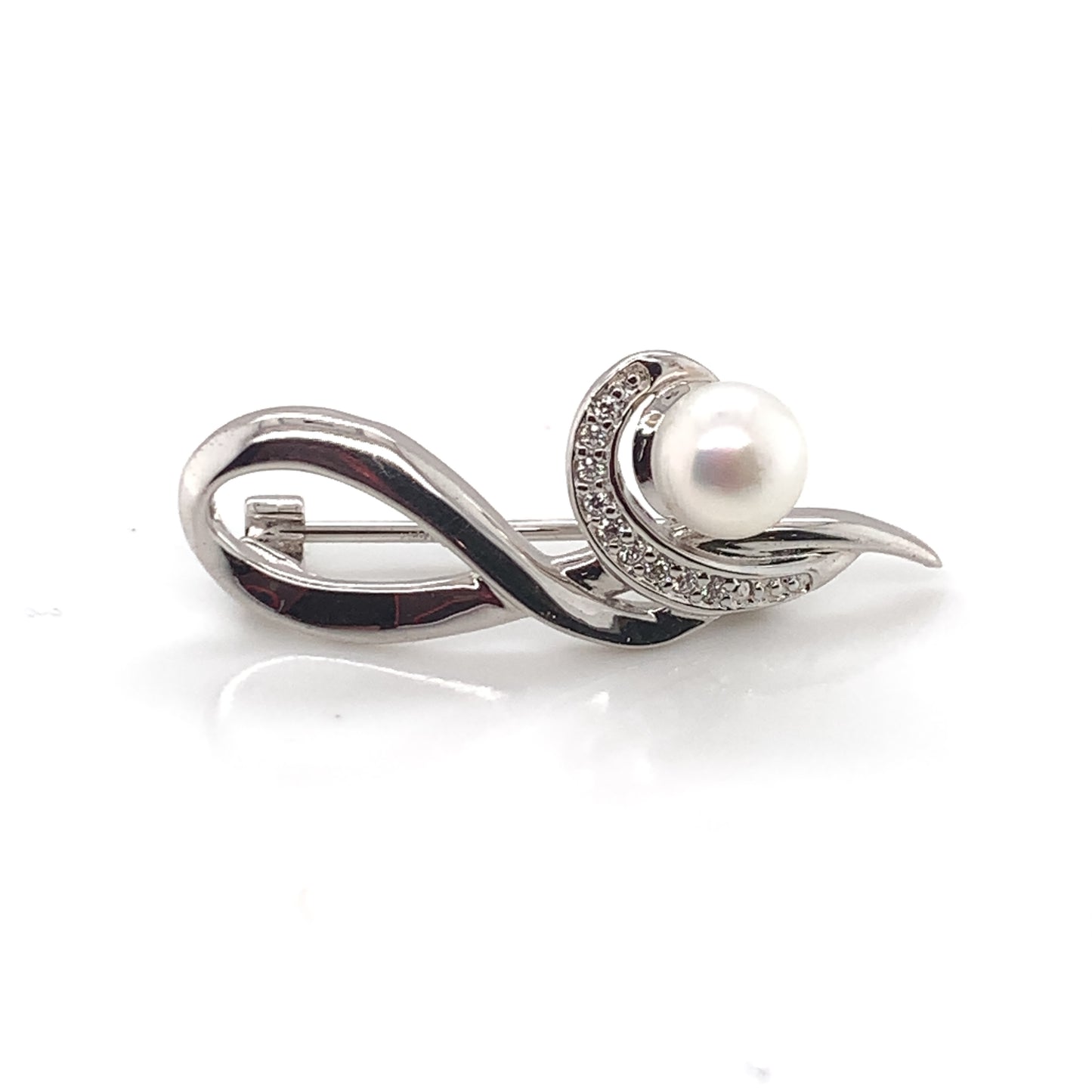 Sterling Silver Pearl & CZ Swirl Brooch BR82