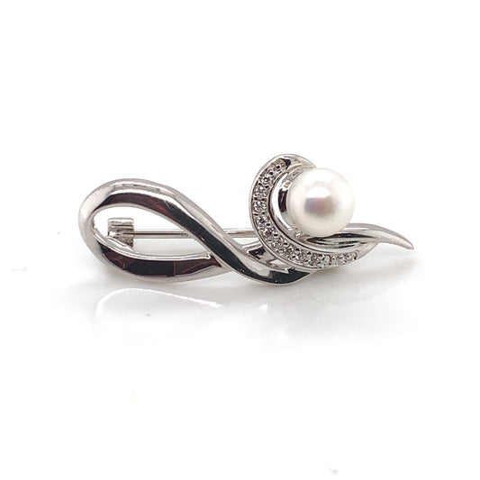 Sterling Silver Pearl & CZ Swirl Brooch BR82