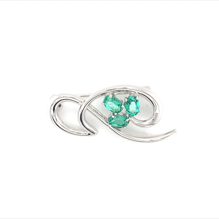 Sterling Silver Emerald CZ Swirl Brooch