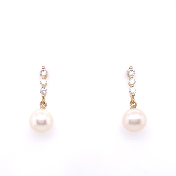 9ct Gold Pearl & CZ Drop Earrings