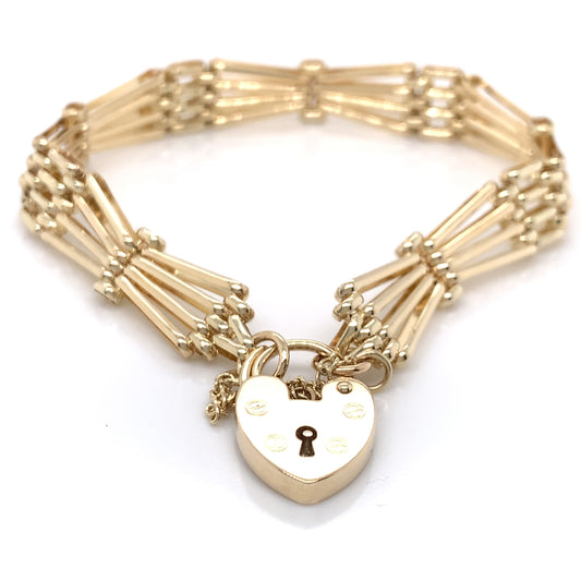 9ct Gold Four-Bar Fan Gate Bracelet with Padlock