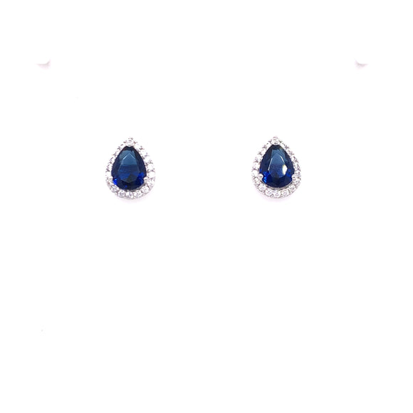 Sterling Silver Sapphire CZ Pear Halo Stud Earrings