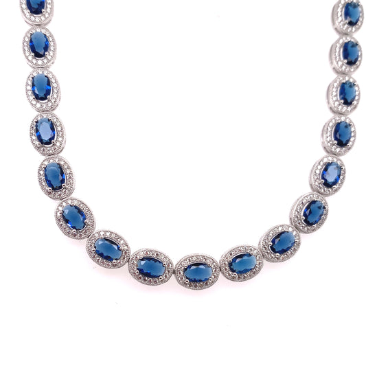 Sterling Silver Sapphire CZ Oval Cluster Necklace CSN940